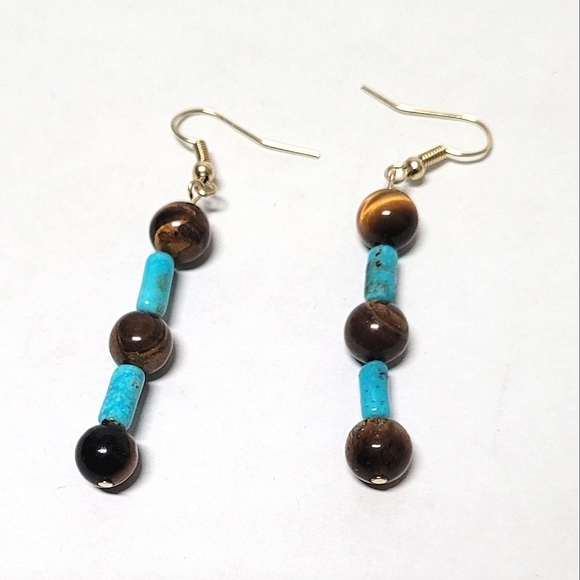Turquoise and Tigers Eye Earrings - Picture 3 of 4